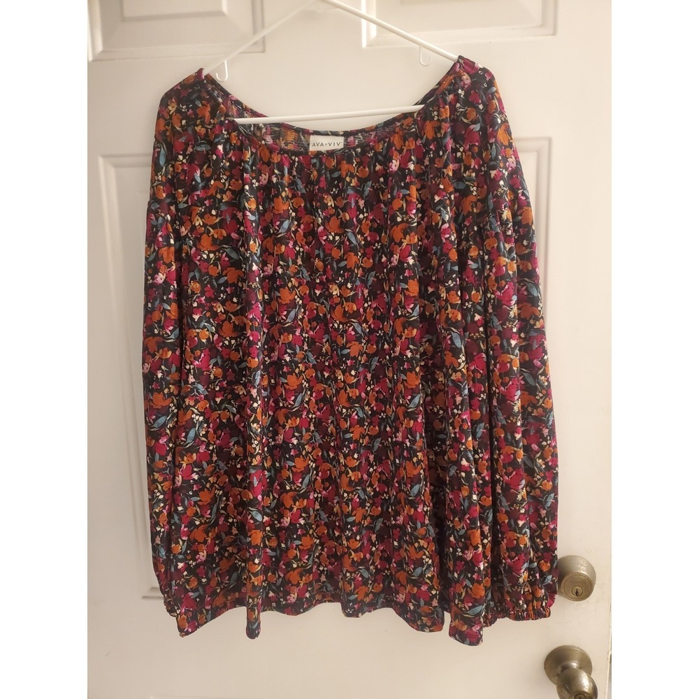 Ava & Viv Blouse‎ 2X Long Balloon Slvs Boat Neck Floral Fall Boho Hippie Garden
